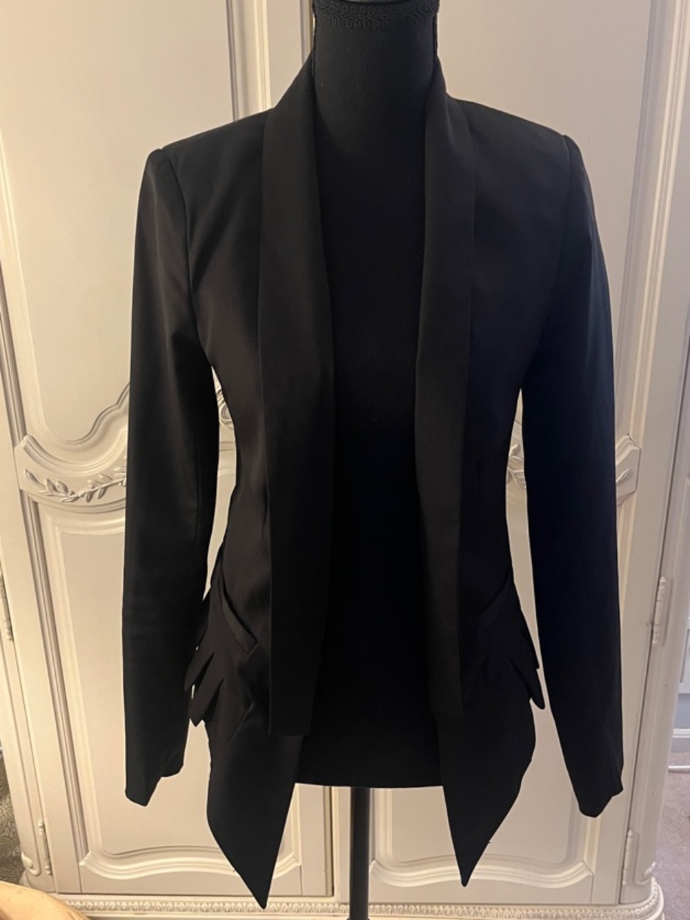 Black Women's Draped Open-Front Blazer Jacket Long Front - Shorter in back!